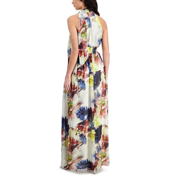 MSRP $159.00 NWT Anne Klein Printed Tie-Neck Sleeveless Smocked-Waist Maxi Dress - Picture 3 of 10
